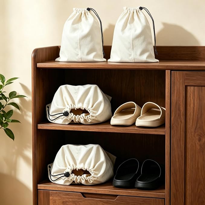 4 Pack Shoe Bags for Travel, Shoes Pouch with Partition Design & Drawstring Closure, Shoe Bags for Storage, Travel Essentials for Men Women (Beige)