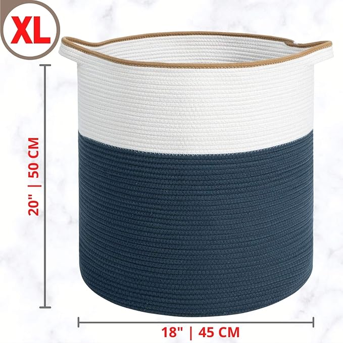 MINTWOOD Design 83L Extra Large 20x18 Inches Decorative Woven Cotton Rope Basket, Tall Laundry Basket Hamper, Blanket Basket for Living Room, Round Storage Baskets for Pillows, Towels, Prussian Blue