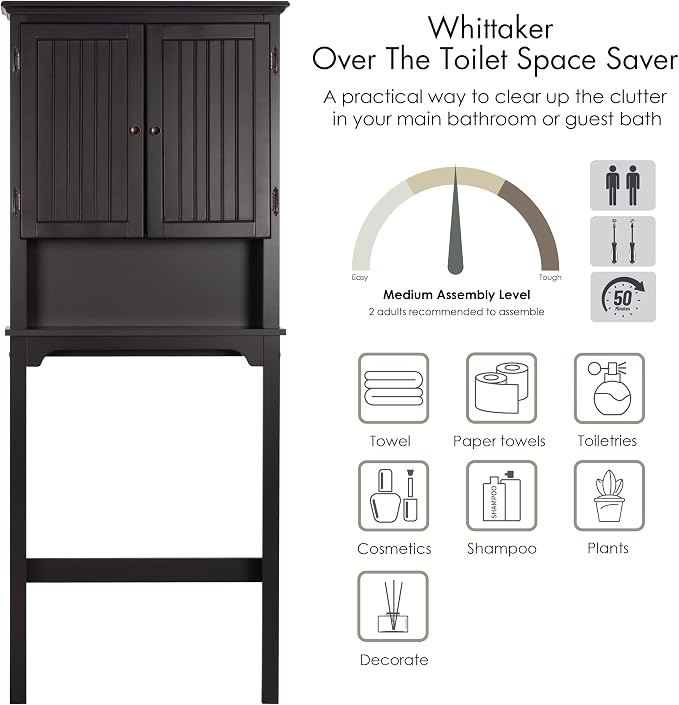 UTEX Above Toilet Storage Cabinet, Bathroom Organizer with Doors, Espresso | FSC-Certified MDF, Bathroom Space Saver with Adjustable Shelves, Beadboard Doors, Anti-Tip Bracket, Adjustable Bottom Rail