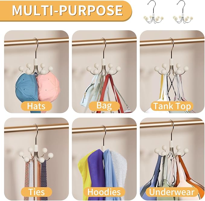 2 Pack Hoodie Hanger for Organizer 360° Swivel Closet Hooks for Belt, Space-Saving Hanger Bra Storage, Accessorise Organizer for Tie, Hat, Tanktop, Scarf, Purse, Multi Hanger Hooks