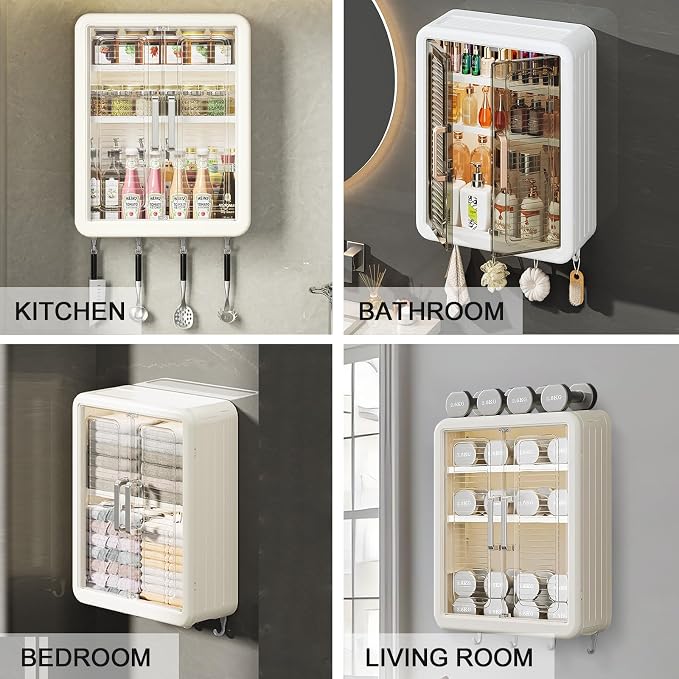 DASITON Wall Mounted Large Capacity Makeup Organizer,Dustproof Cosmetic Organizer,Bathroom Organizers and Storage,Skincare Organizers for Vanity,Bedroom(Cream 01)