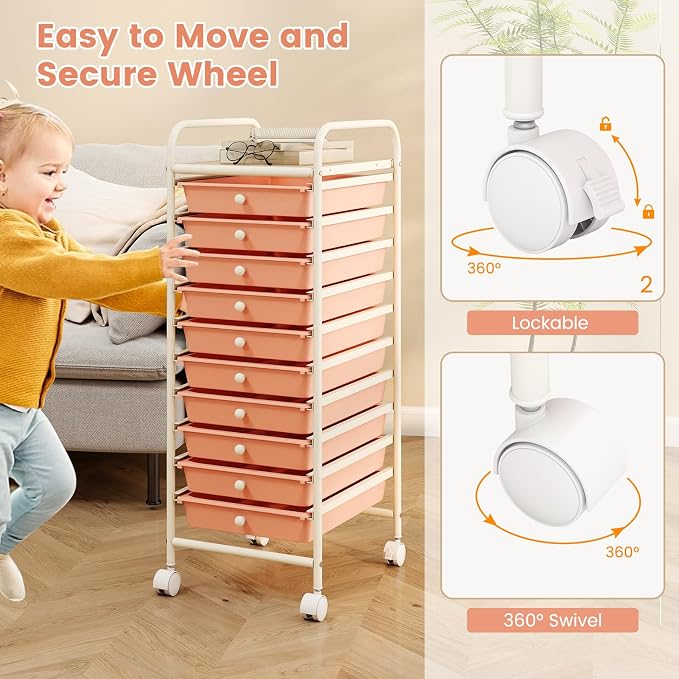 LDAILY 10 Drawer Rolling Storage Cart, Craft Organizer on Wheels, Drawer Cart with Metal Frame & Large Storage Capacity, Rolling Cart with Drawers for Living Room Classroom, Office