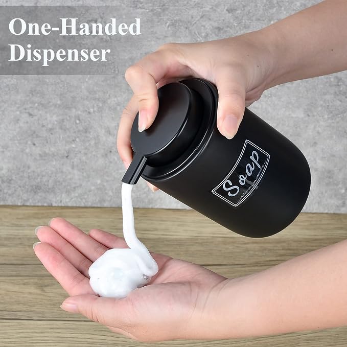 BosilunLife Foaming Soap Dispenser Set - Black Ceramic Foam Hand Dispenser 12oz Soap Dispenser Set with Rust Proof Pump, 4Pcs Clear Stickers for Kitchen, Bathroom - 2 Pack