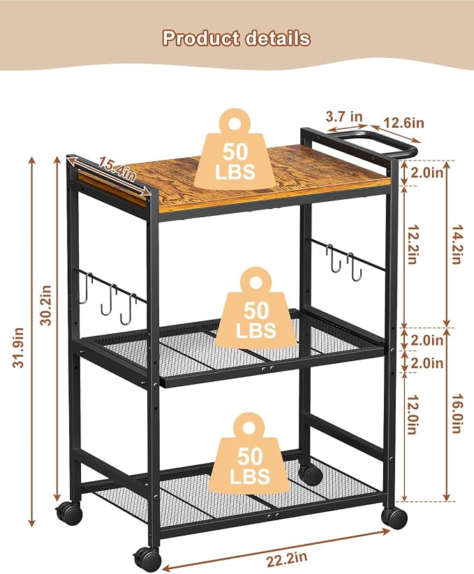 Feyejade 3-Tier Rolling Kitchen Cart with Storage, Compact Metal Island | Compact size for pantry storage, adjustable shelf utility cart, pull out drawer, microwave stand table top open shelving