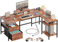 Furologee L Shaped Computer Desk with Power Outlet, Reversible Home Office Desk for Work Study, 50 Inch Corner Gaming Table with File Drawer, Monitor Stand, Storage Shelves, Rustic Brown