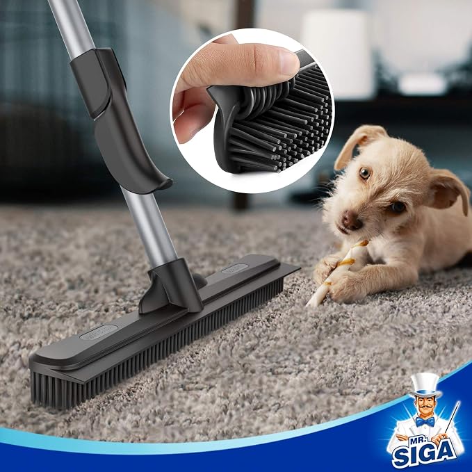 MR.SIGA Pet Hair Removal Rubber Broom with Built in Squeegee | 3 in 1 floor brush for carpet, 61 inch adjustable handle, includes 1 microfiber cloth for floor dusting