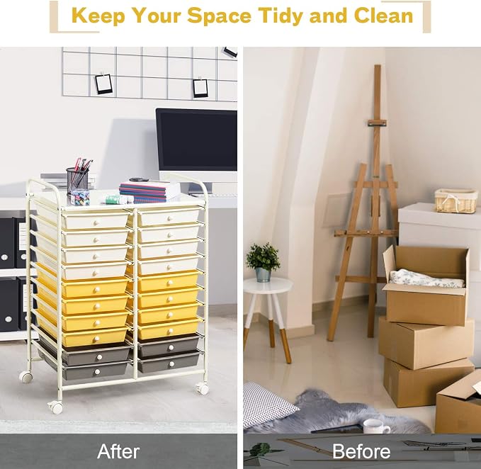 LDAILY 20-Drawer Rolling Storage Cart, Rolling Storage Cart, Storage Organizer on Wheels, Metal Frame, Scrapbook Paper Tools, Suitable for Office School, Classroom (Yellow, 20 Drawer)