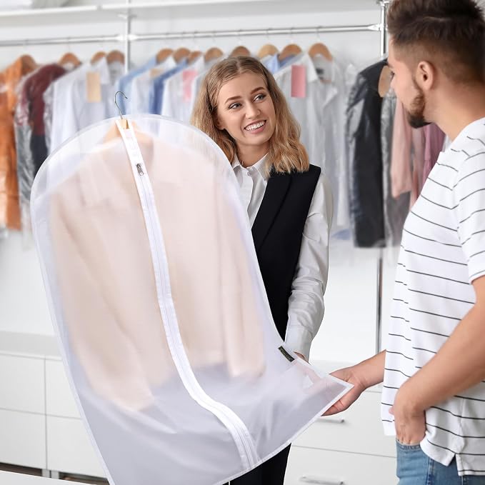 BALEINE 60'' Translucent Garment Bags, 12 Packs PEVA Dress Bag for Closet Clothes Dresses Suit Coats Storage (White, 12PK)