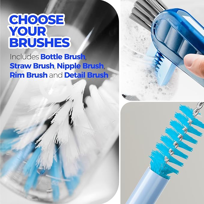 Holikme 6 Pack Bottle Brush 14" Stainless Steel Straw Cleaner Brush,Blue | Bottle Cleaner Brush, 3 Straw, Bottle Cleaning Brush for Water Bottle, Baby Bottle Brush, Antistatic Brushes