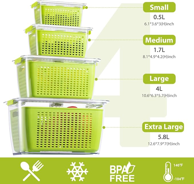 LUXEAR Fruit Vegetable Storage Container, 4 Pack Fresh Containers for Fridge with Lids BPA-Free Produce Refrigerator Organizer for Fruit, Veggie, Berry, Meat Storage Keep Fresh Longer-Green