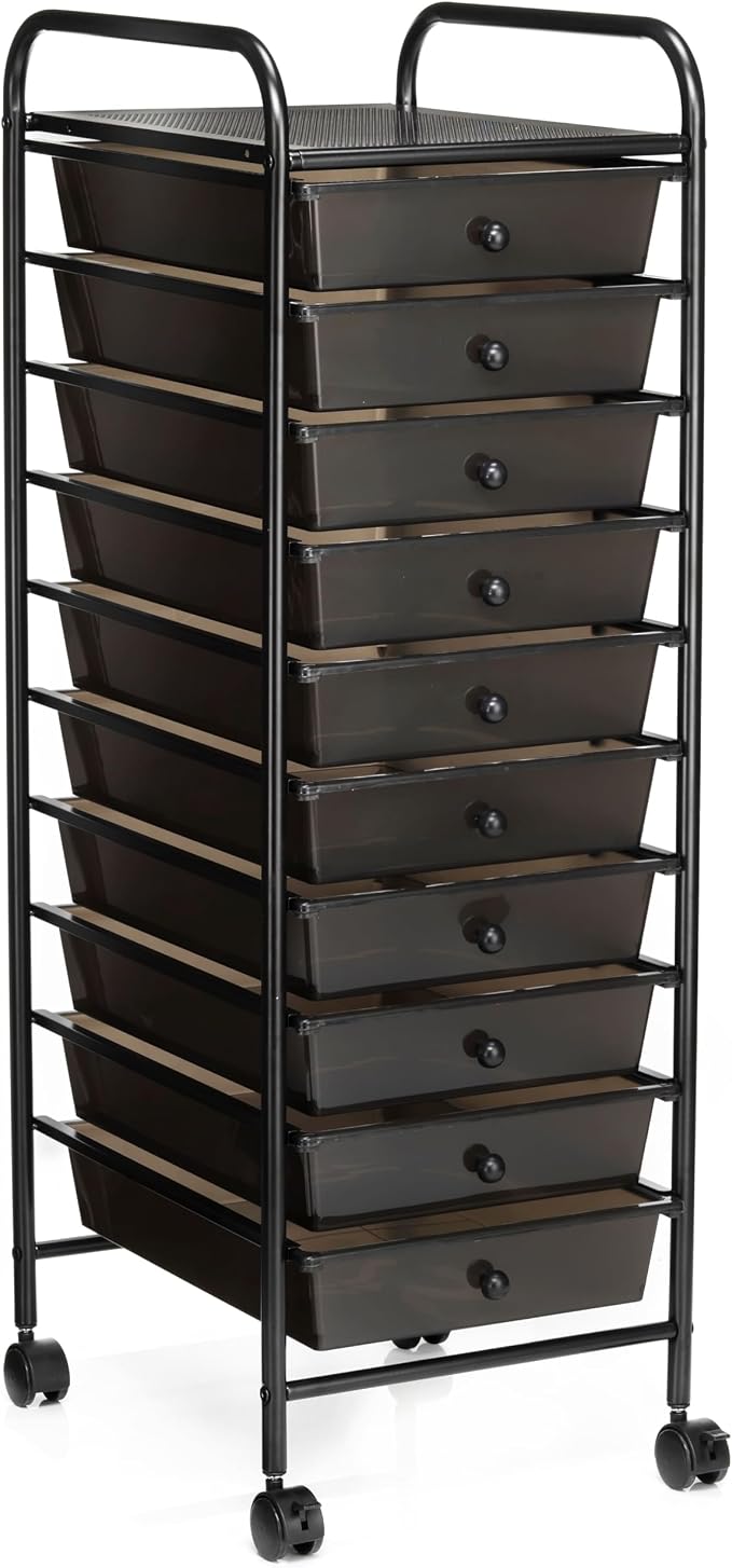 Simply Tidy 10 Drawer Matte Black Rolling Cart - Mobile Organizer with Removable Drawers, Swivel & Locking Casters, Durable Tubular Frame - 1 Set