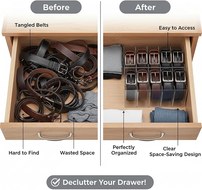 Belt storage Organizer for Closet with Removable Dividers - 5 Compartments & Handles Drawer organization and storage for underwear, Socks, and Bow Ties Acrylic Belt Organizers (3pack)