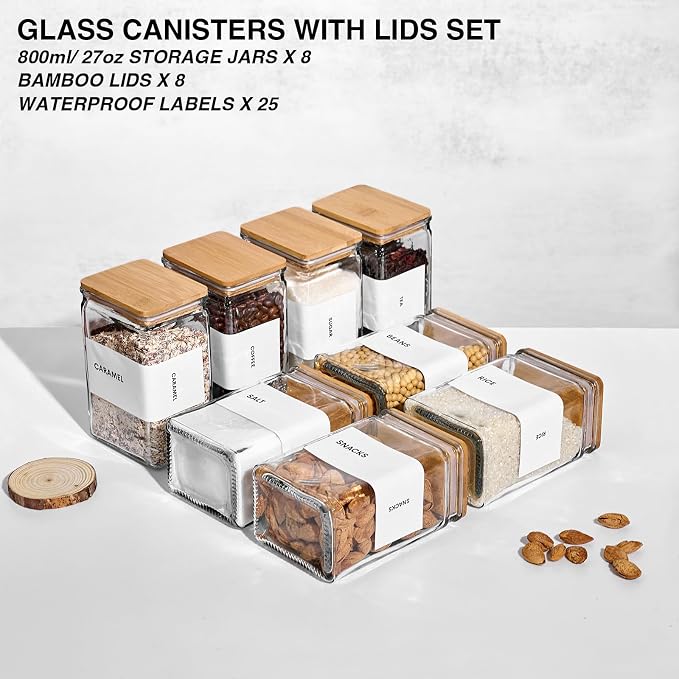 Glass Storage Jars with Bamboo Lids, 27oz Square Spice Jars for Kitchen Pantry Organization, Glass Seasoning Bottles Spice Containers with Labels for Cereal Flour Beans Tea