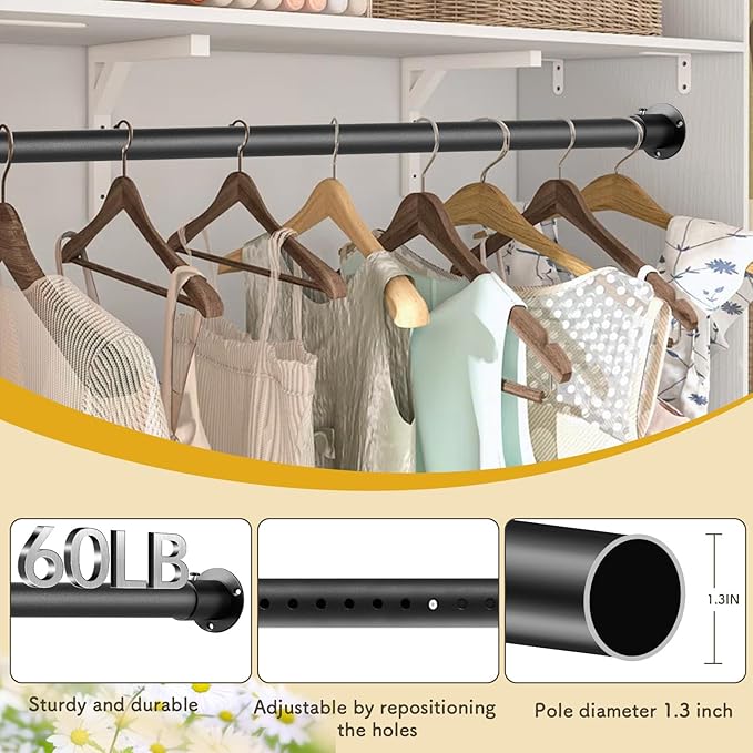 Closet Rod, 17 to 110 Inch Adjustable Closet Rod for Rugged Durability,1.3 Inch Diameter Heavy Duty Closet Rods for Hanging Clothes,Premium Metal Black Closet Poles for Wardrobes
