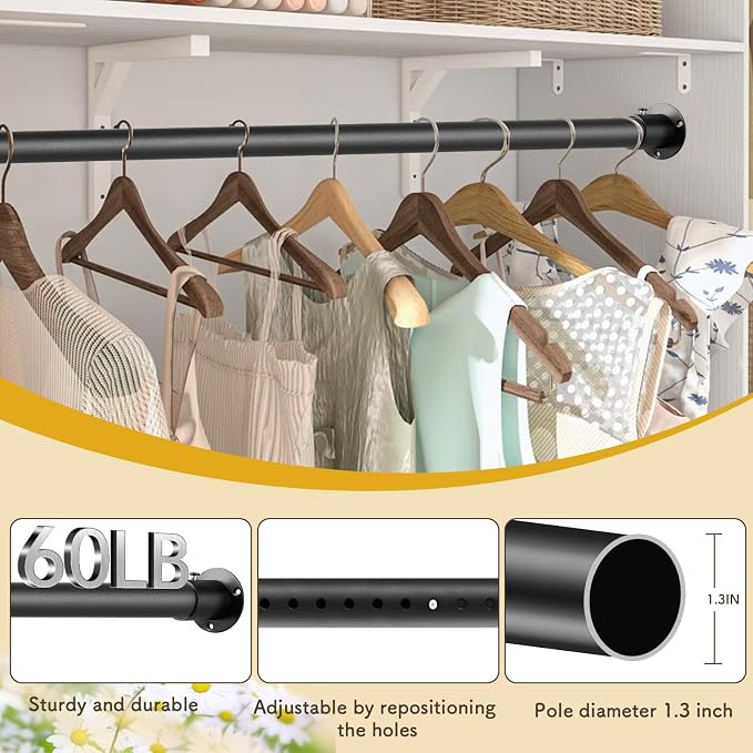 Closet Rod, 17 to 51 Inch Adjustable Closet Rod for Rugged Durability,1.3 Inch Diameter Heavy Duty Closet Rods for Hanging Clothes,Premium Metal Black Closet Poles for Wardrobes