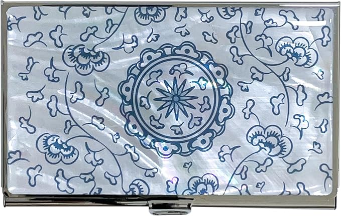 Mother of Pearl Business Card Case Credit Id Name Holder Travel Wallet Art Painting Design Metal Stainless Steel Engraved Slim Purse Pocket Cash Money Wallet (Blue Arabesque)