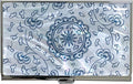 Mother of Pearl Business Card Case Credit Id Name Holder Travel Wallet Art Painting Design Metal Stainless Steel Engraved Slim Purse Pocket Cash Money Wallet (Blue Arabesque)