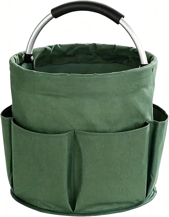 Garden Tool Bucket Organizer, Bucket Tool Organizer,5 Gallon with Aluminum Handle, Multi Side Pockets Portable Storage Caddy for Gardening Camping Car Wash (Green, Open Top)