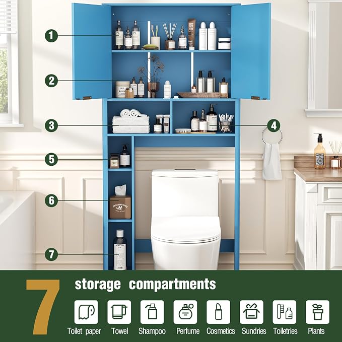AKMAKM 31" W Over the Toilet Storage Cabinet with Fluted Door, Blue Bathroom Organizer with Adjustable Shelf, Toilet Paper Holder Stand Wave Door for Restroom, Laundry Room