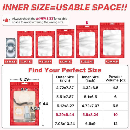 100 PCS Resealable Mylar Bags with Zipper and Frosted Clear Window Smell Proof Packaging Bags Foil Pouch Zip Bag for Food Self Sealing Storage Supplies (Red, 6.29x9.44)