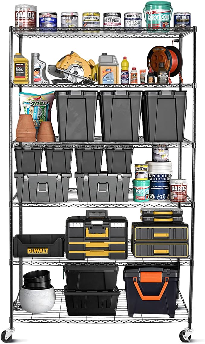 WDT 6 Tier Shelf Shelving Unit with Wheels,Adjustable Metal Shelves for Storage, NSF Black Wire Shelving Rack, 2100Lbs Capacity Heavy Duty Shelving Storage Shelves for Kitchen Garage,47" Dx17 Wx80 H