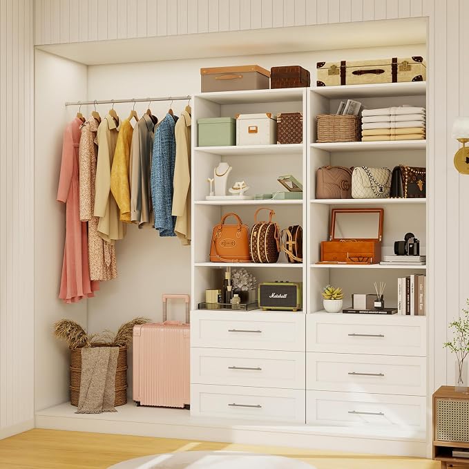 Closet System with 12 Drawers & 16 Shelves, Wood Closet Organizer System with 4 Extra Hanging Rod for Walk in Closet, Modular Closet Organizer System White(8FT)