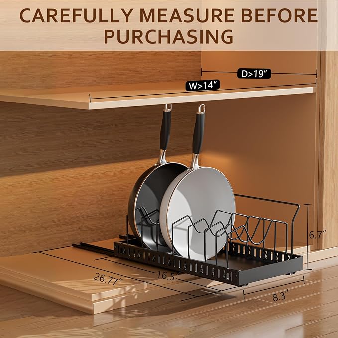 Black 2 Pack Pot Lid Organizer, Pull Out Cabinet Rack, 8 Dividers | 2-pack black carbon steel rack, 16 adjustable dividers, quiet slide rails, adhesive or screw mount for lids, pans, bakeware