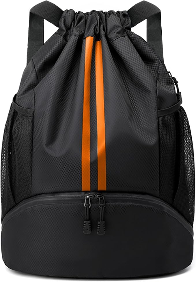 JELUTAR Drawstring Backpack Gym Bag with Shoes Pocket, Black Orange | Water-Resistant String Backpack for Soccer, Basketball, Swim, Beach Cinch for Women Men, 18 L Large Capacity, Wet Pocket