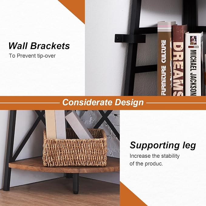 HOMBAZAAR 6 Tier Corner Shelf, 72 Inch Industrial Corner Bookshelf, Tall Ladder Bookcase with Metal Frame, Rustic Shelf Stand for Living Room, Bedroom, Office, Rustic Brown