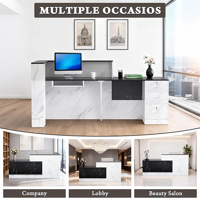Ceridwen L-Shaped Large Wooden Reception Desk, Modern Front Desk Reception Counter with Lockable Drawers, Storage & Keyboard Tray for Office Lobby Checkout (Left-Black & White, 71''L x 42''W x 41''H)