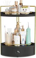 2-Tier Corner Bathroom Counter Organizer with Drawer, Black Gold | Embedded Screw Holes, Wooden Countertop Organizers, Space-Saving, Bottom Ventilation Design, Counter Shelf for Vanity