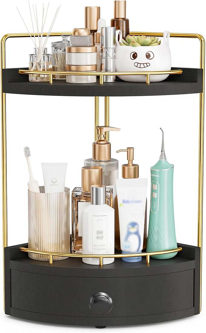 2-Tier Corner Bathroom Counter Organizer with Drawer, Black Gold | Embedded Screw Holes, Wooden Countertop Organizers, Space-Saving, Bottom Ventilation Design, Counter Shelf for Vanity