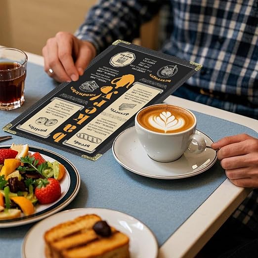 Goodsmart Restaurant Menu Covers - Black, 25 Pack, 4.25" x 11", 1-Page/2-View, Top-Loading Vinyl Menu Holders with Clear Sleeves, Double-Stitched Edge, Leather-Style Café Covers with Gold Corners
