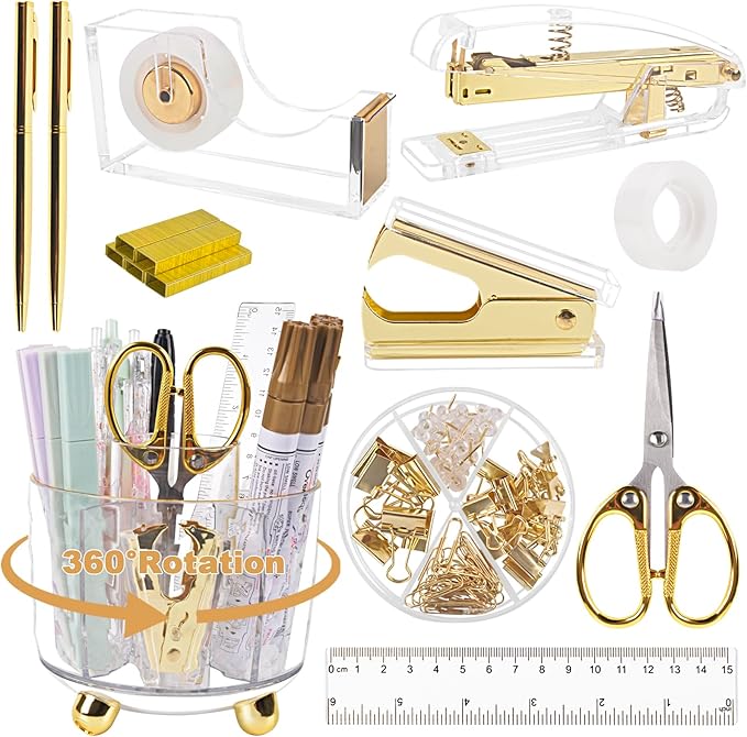 Office Desk Accessories Supplies - 11 Pcs Gold Desk Decor Set with 360-Degree Rotating Pen Holder, Women Cute Aesthetic Office Essentials Kit, Stapler Tape Dispenser, Acrylic Gift for School Home Work