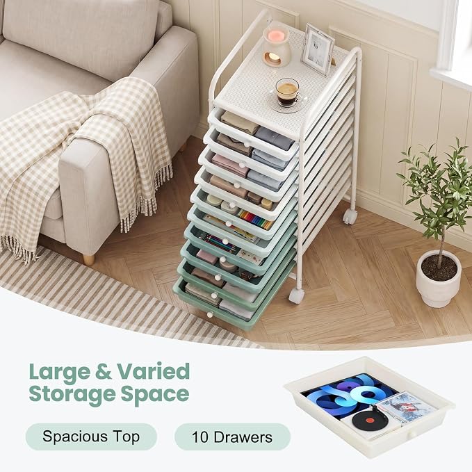 GOFLAME 10-Drawer Rolling Storage Drawer Cart, Utility Cart with Removable Drawers & Metal Frame, Mobile Art Craft Drawer Cart with Lockable Wheels for Home, Office, Studio, School, Green Gradient