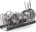Vdomus Expandable Rack for Cabinets | Adjustable Black Pot Rack | 4 DIY Storage Positions | Holds up to 14 Pans, Pots, or Lids | Durable Iron Pot Stacker | Kitchen Organization | 8.5X 31x11.5
