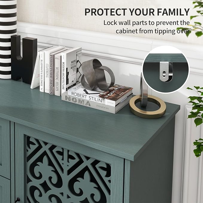 vistavie Green 2 Doors 3 Drawers Buffet Sideboard Cabinet - Accent Cabinet with Adjustable Shelves，47 Inch Wide Wood Storage Cabinets for Dining Room,Living Room and Kitchen
