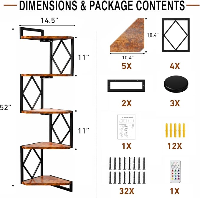 HAAYOT Corner Shelf Wall Mounted: 5-Tier Floating Shelves with Lights for Living Room, Bedroom, Home Office, Rustic Brown