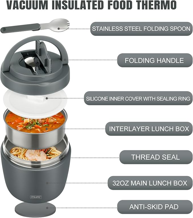 Itslife 32oz Insulated Soup Thermo, Vacuum Stainless Steel Food Jar for Hot & Cold Food, Leakproof Wide Mouth Lunch Container with Spoon, Grey