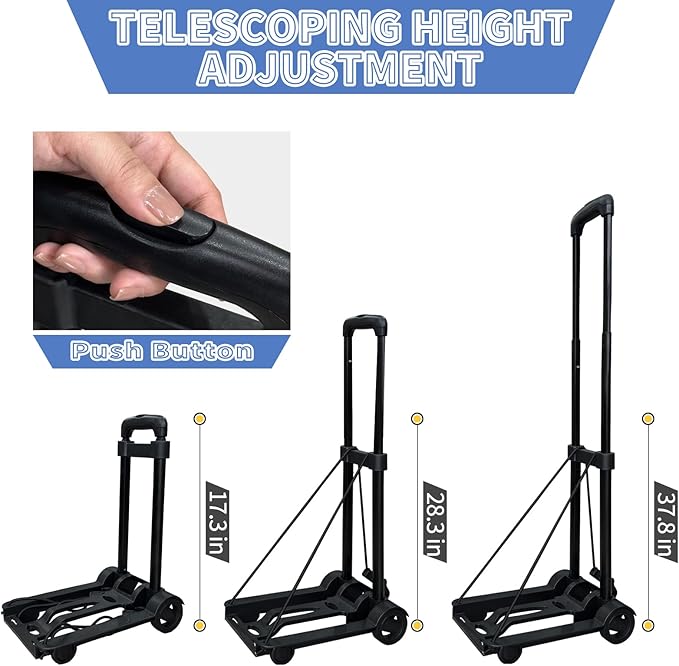 Folding Hand Truck Lightweight Portable Cart,VDHU 2 Wheels Fold Up Hand Cart with Elastic Ropes,Compact Utility Cart with 40kg/90lbs Heavy Duty 2 Wheels for Moving Travel Shopping Office Luggage Use