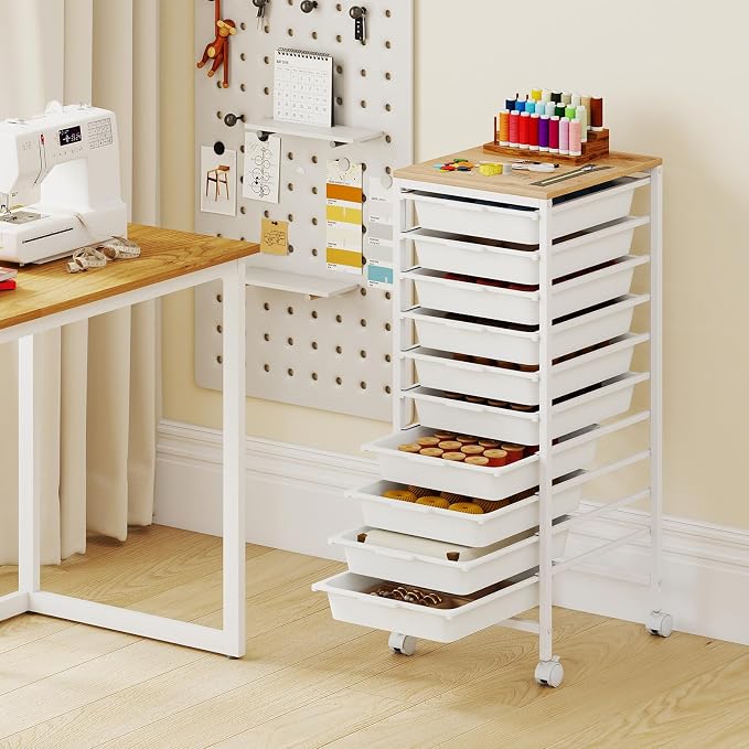 GOFLAME 10-Drawer Rolling Storage Cart, Craft Storage Cart with Wooden Tabletop and Lockable Wheels, Art Cart Supply Storage Organizer with Metal Frame for Home Office Classroom, White