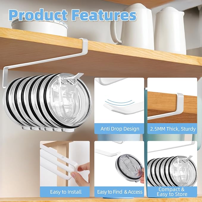 Tumbler Lid Organizer, 2 Pack for Yeti Lid Organizer, Space Saving Water Bottle Lid Holders, Tumbler Lid Holder Up to 12 Lids,No Drilling,Cup Lid Organizers for Kitchen Under Cabinet Storage (White)