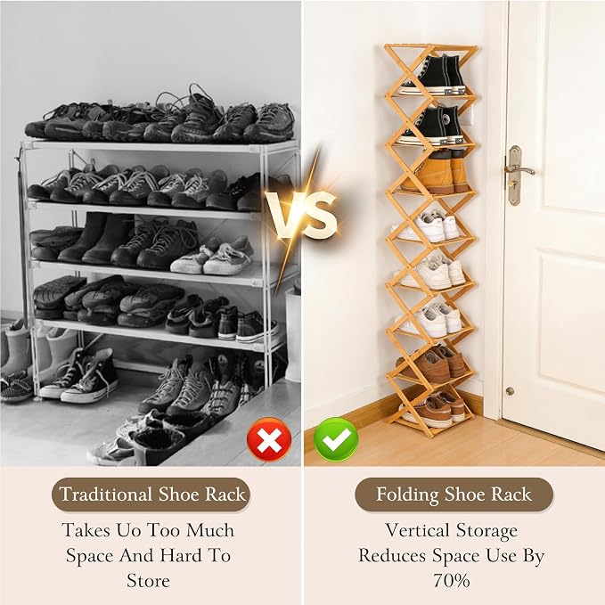 Foldable Shoe Rack, Tier No-Assembly Bamboo Rack, 2026 New Portable Bamboo Corner Shoe Rack, Multifunctional Narrow Shoe Shelf for Entryway, Closet, Corner, Bedroom (3 Layers)