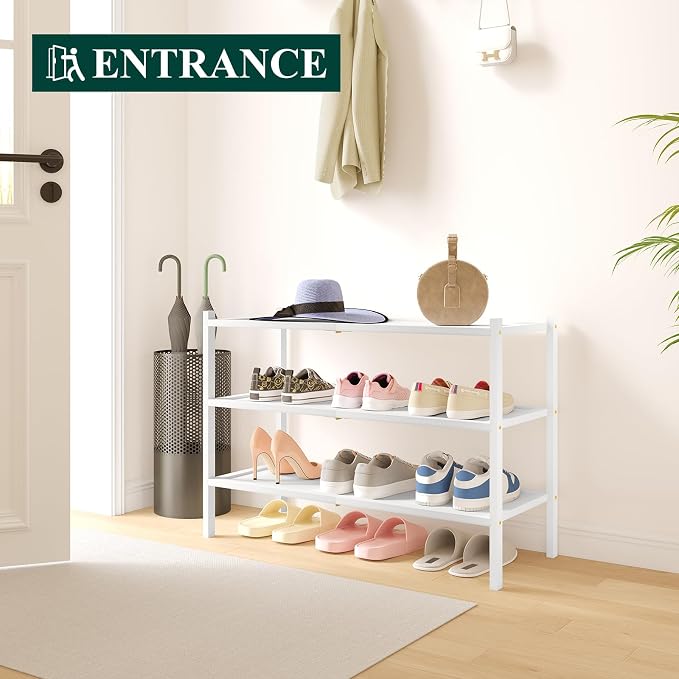 Smiry Bamboo Shoe Rack, 3 Tier Shoe Organizer for Entryway & Closet, Stackable Free Standing Storage Shelf for Shoes, Bags & Plants, White
