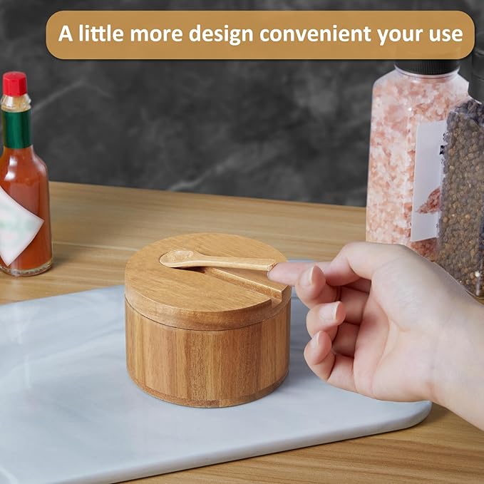 OUTNILI Salt Box Bowl with Lid and Spoon - Acacia Salt Cellar with 360° Swivel Lid - Salt Container Holder for Sea Salt Herbs or Favorite Seasonings, for Kitchen Decor and Accessories, 7 Ounces
