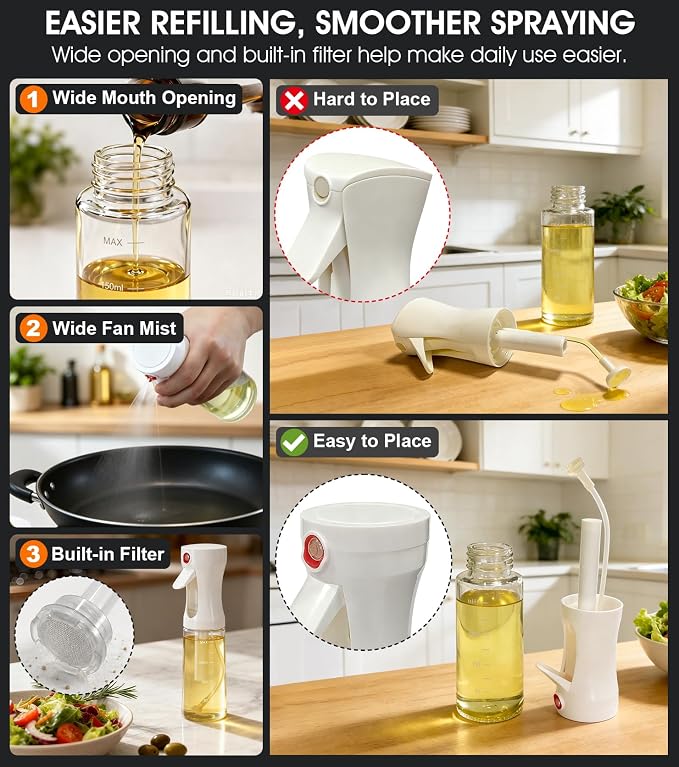 Oil Sprayer for Cooking, Olive Oil Sprayer, Approx. 1g Per Press (2) | Patented Spray Structure, Glass Bottle, Wide Fan Mist, Built-in Filter for Air Fryer, Salad, BBQ and Baking