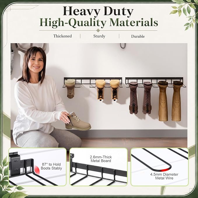 Hicarer 2 Pack Slatwall Boot Rack, Metal Wire Wall Mounted Wader Shoe Hangers - No Drilling, 4 Pair Shoe Holder Organizer for Drying Storing Tall Boots and Cowboy Boot for Entryway, Garage