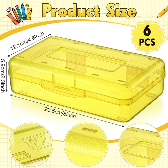 Blulu 6 Pack Large Plastic Pencil Case Box Clear Pencil Boxes Bulk Hard Crayon Box Storage with Snap Lids 8.1 x 4.7 x 2.2 Inch Painting Organizer Classroom Stationery School Supplies (Yellow)