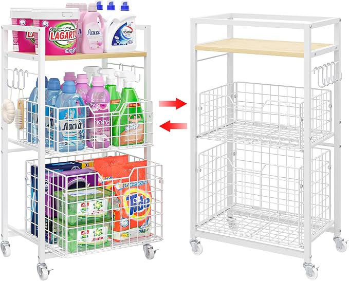Hongtamoya 3 Tier Laundry Room Cart with Pull-Out Baskets, Storage Cart with Wheels, Rolling Cart with Wood Top Metal Bathroom Laundry Room Organization Mobile Shelf Unit Organizer Trolley, White