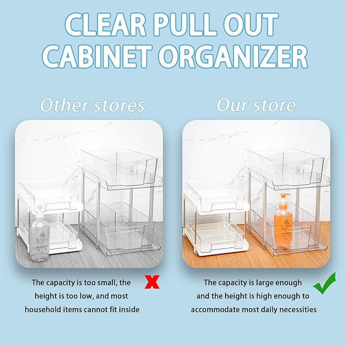 SuoXing 2 Pack 2 Tier Under Cabinet Bathroom Storage,Large 12.4″ Deep Under Sink Organization With Dividers,Clear Pull Out Organizers for Kitchen,Undersink Storage for Hair Products,Towel and Makeup